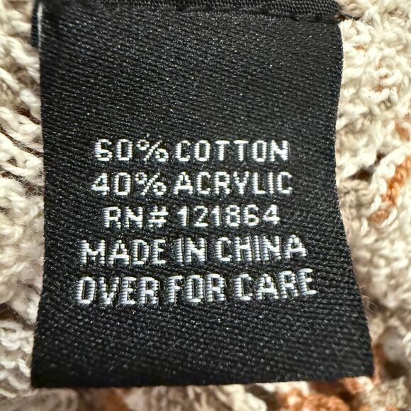 Morse Code Crochet Button Shirt L Boho Granny Square Retro 70s Cream Brown Beach - Picture 6 of 9